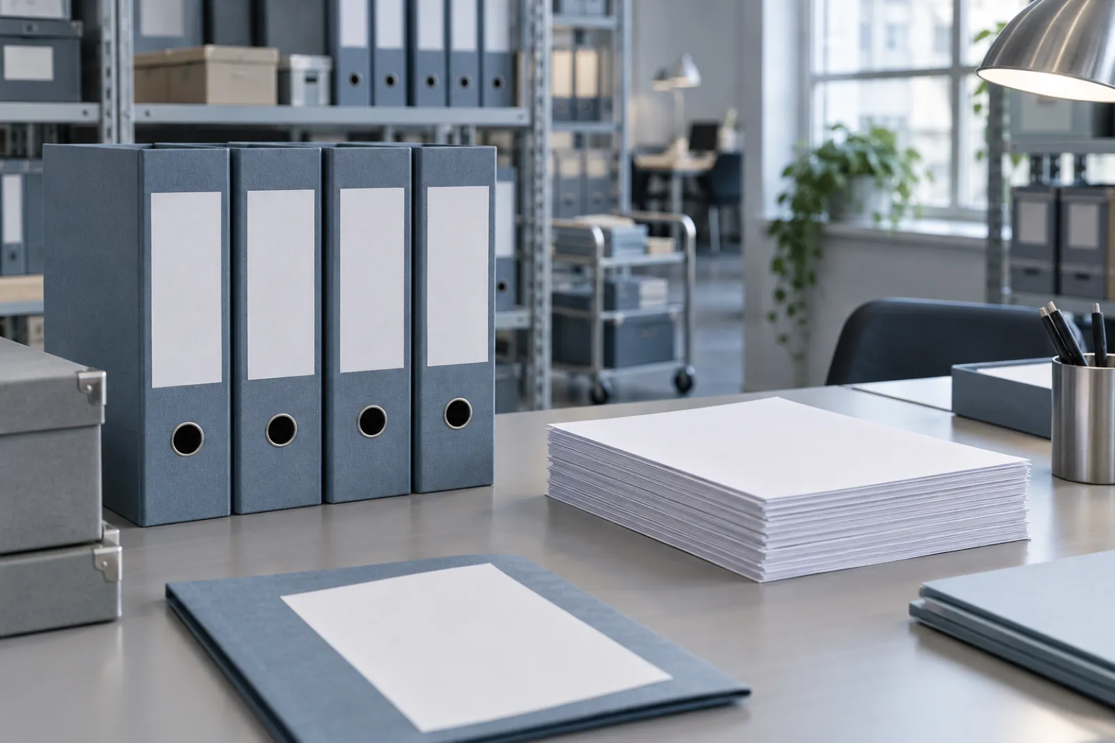 Neatly arranged archive document folders with blank labels and a stack of printed pages face down on a library table, soft light