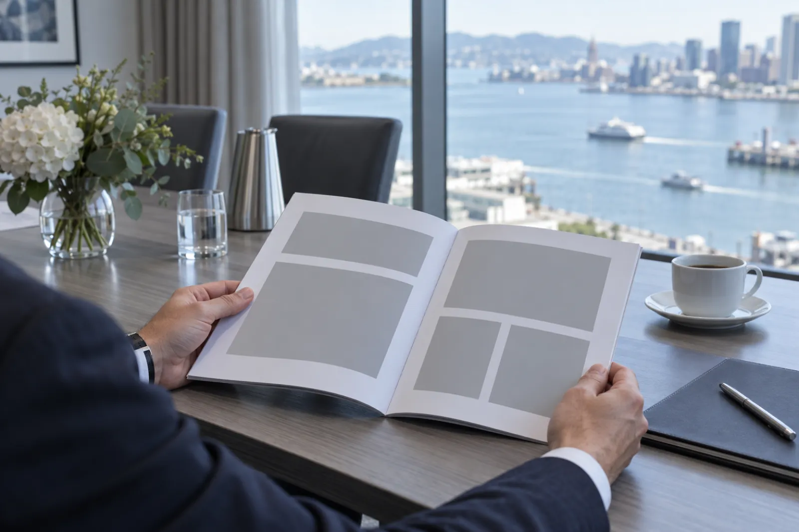 An open conference programme booklet with grey placeholder blocks and no readable text on a hotel meeting-room table by a large window overlooking a generic harbor waterfront