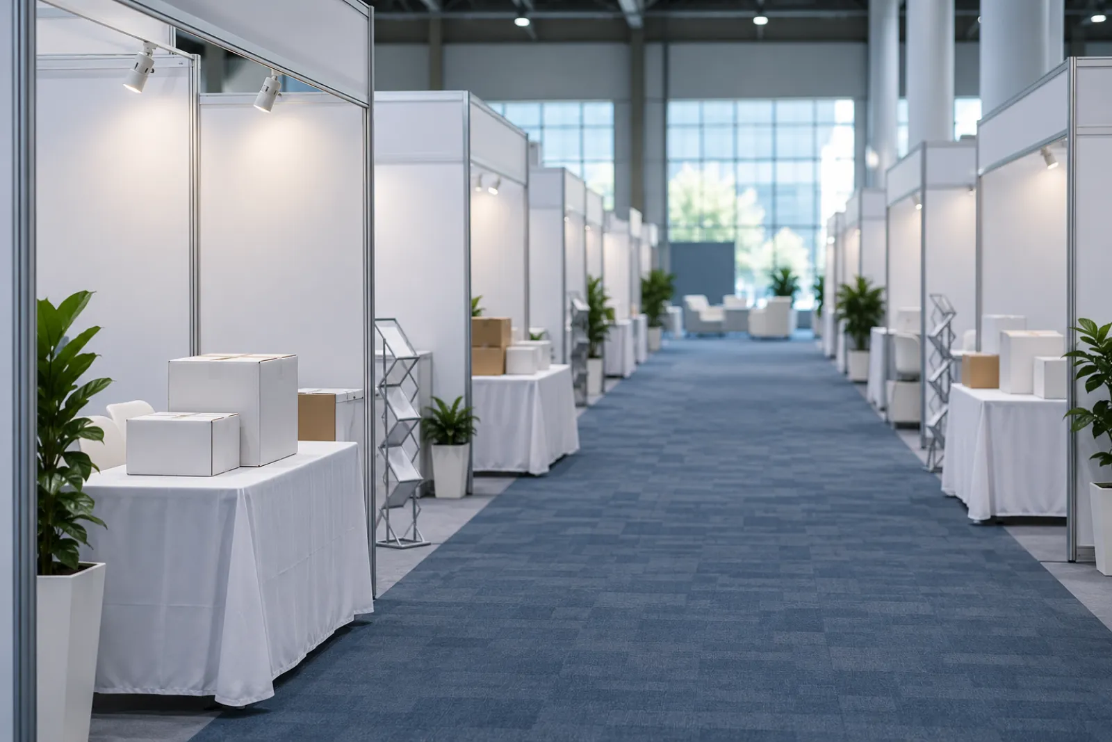An empty exhibition hall before opening: rows of booths with blank white panels, display tables holding plain insulated shipping boxes, carpeted aisles