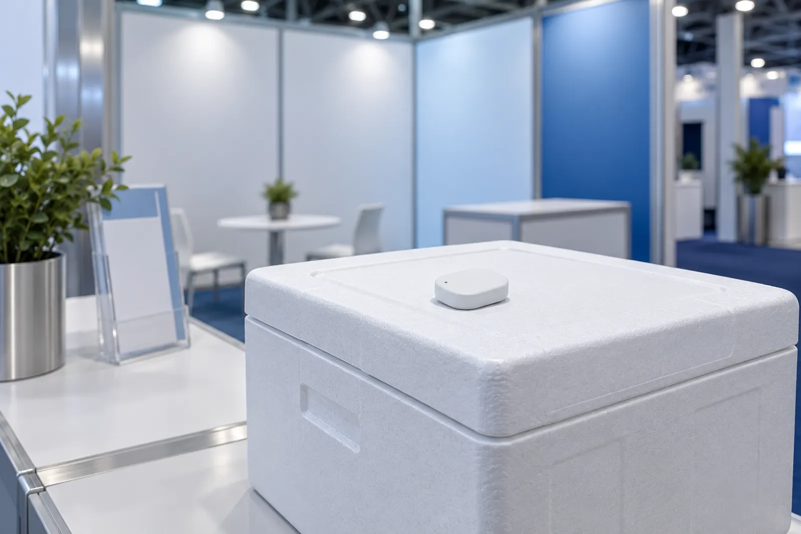 A small generic wireless sensor tag resting on top of a plain insulated shipper on a trade-show display table, booth background softly blurred, no logos