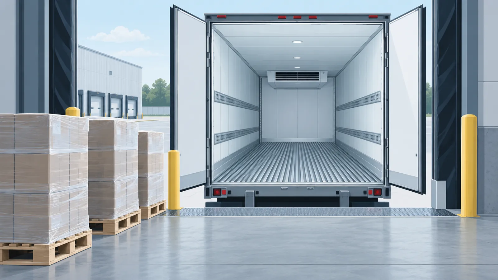 Open rear doors of an empty refrigerated trailer at a loading dock, with a row of wrapped pallets staged on the dock floor