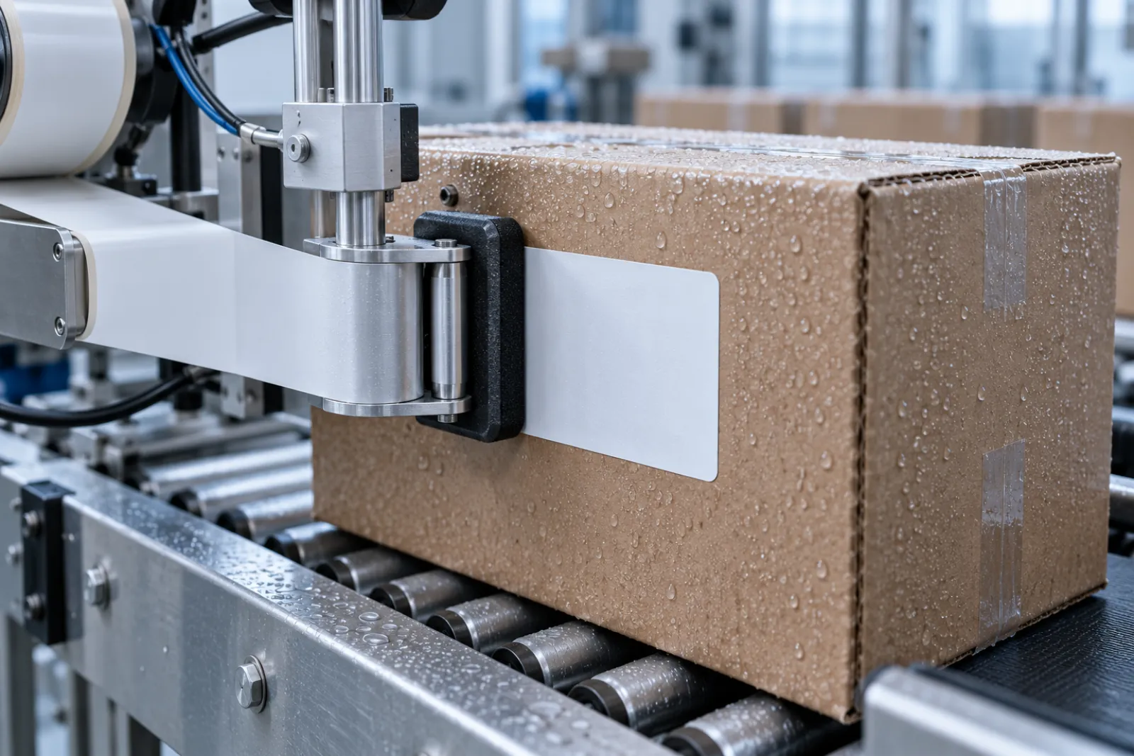 Label applicator arm placing a blank white label on a corrugated shipper on a conveyor, with condensation droplets on the surface of the box