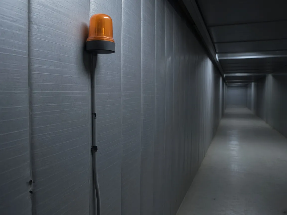 An amber beacon on a grey panel wall, with a grey cable running down the wall, in an empty corridor