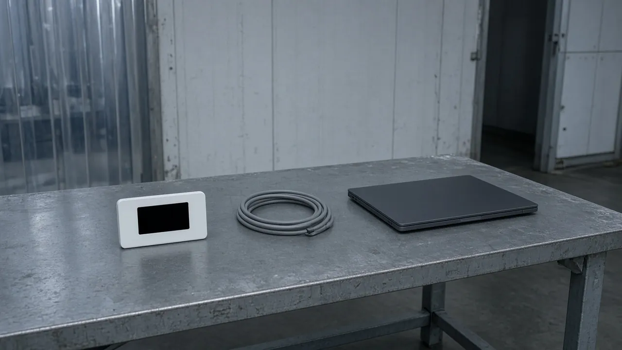 A white logger with a dark screen, a coiled grey cable, and a closed dark laptop on a steel table