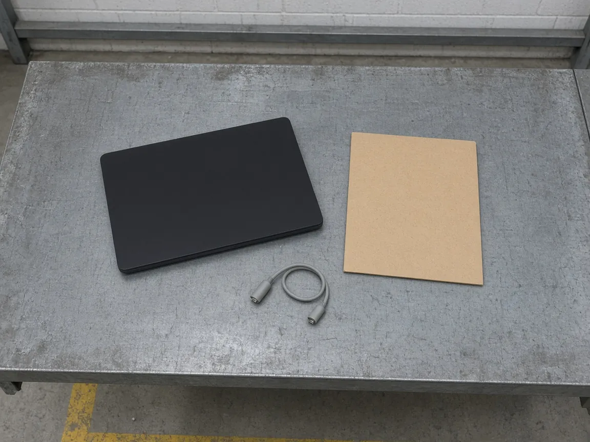 A closed dark laptop, a plain tan folder, and a short grey cable on a steel table