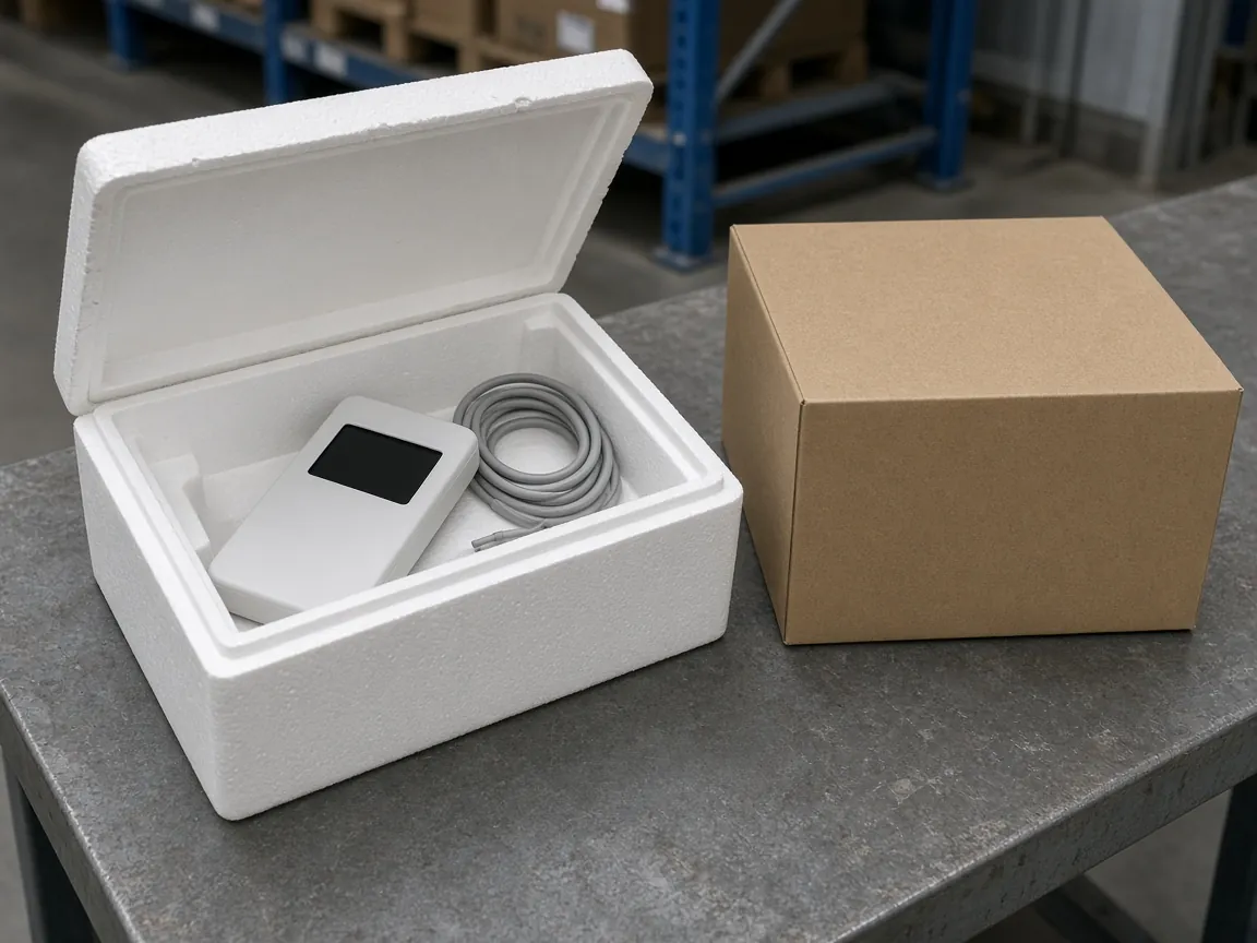 A white logger with a dark screen and a coiled grey cable inside an open foam shipper, beside a plain carton