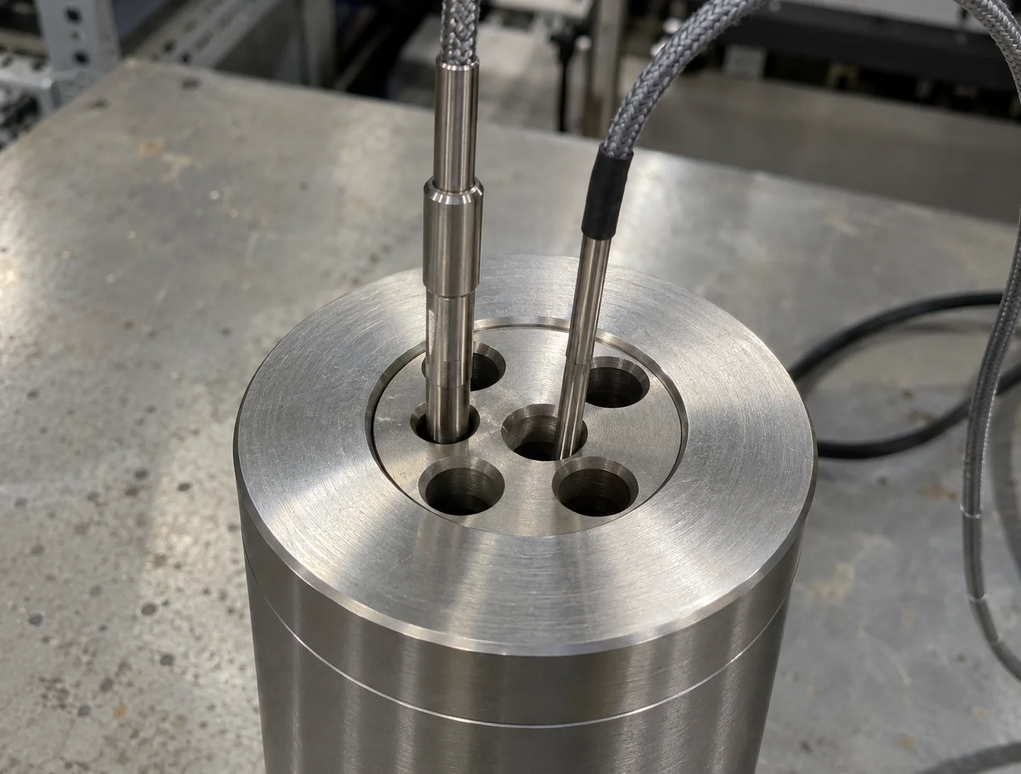 Two stainless-steel temperature probes inserted side by side into the machined aluminum top block of a dry-well calibrator on a grey laboratory workbench