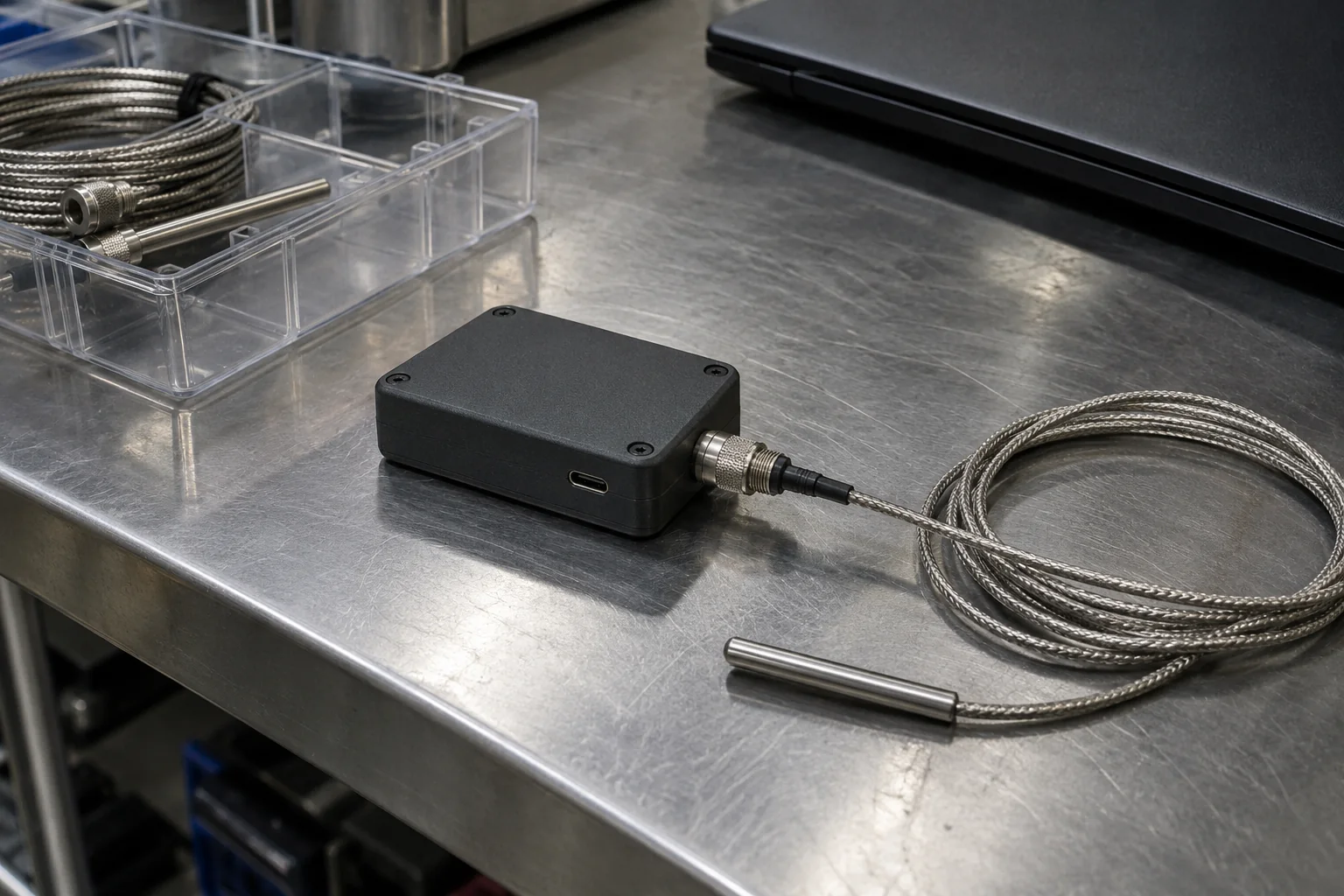 An unplugged matte-charcoal temperature logger module showing its USB-C port and attached braided sensor cable beside a partitioned clear tray on a stainless-steel bench