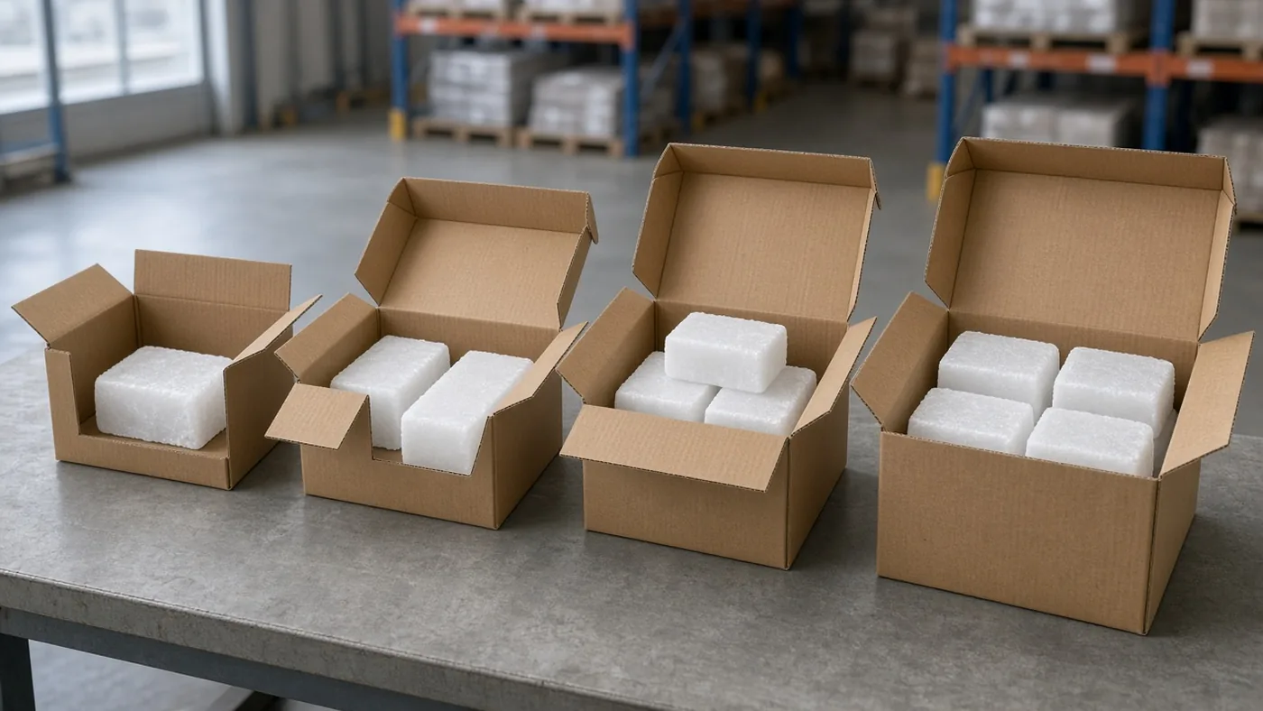 Four open corrugated boxes in a row, each holding a different amount of white solid refrigerant