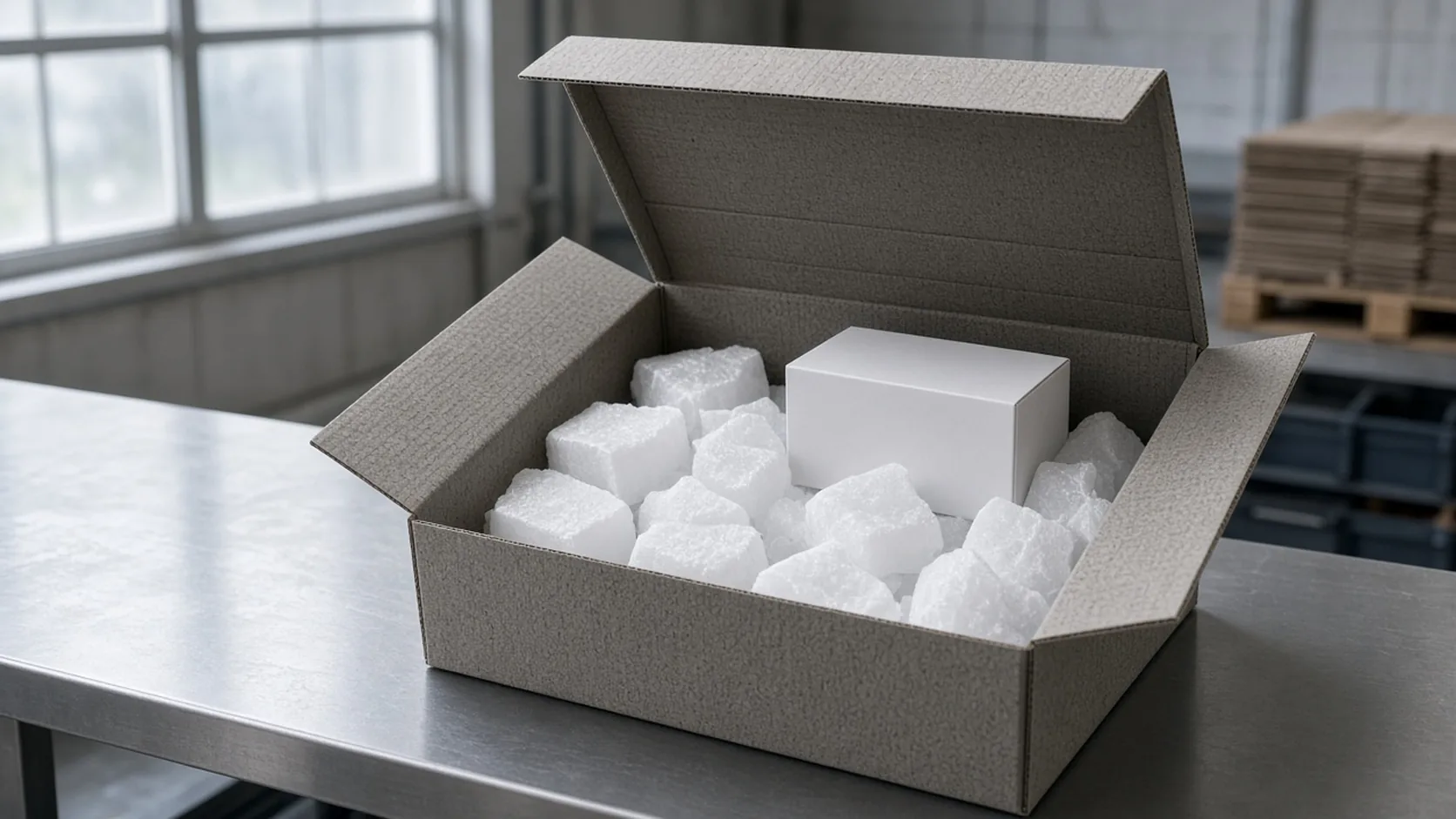 Open corrugated shipper holding white solid refrigerant blocks beside an unmarked product box, with the lid left ajar