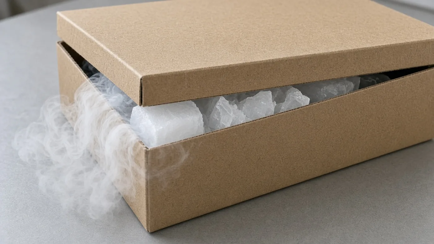 Untaped fiberboard lid lifted at one corner so vapor can leave the dry ice inside