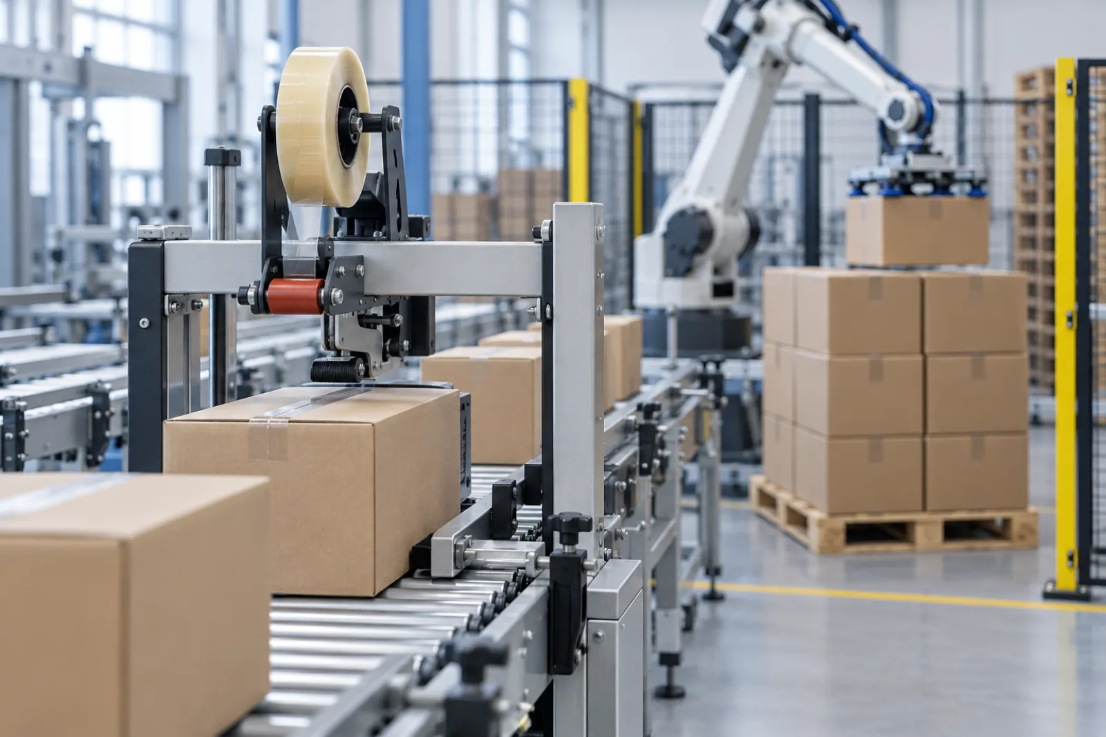 Corrugated shipping cases passing through a tape case sealer, with a robotic palletizer stacking cases onto a pallet in the background