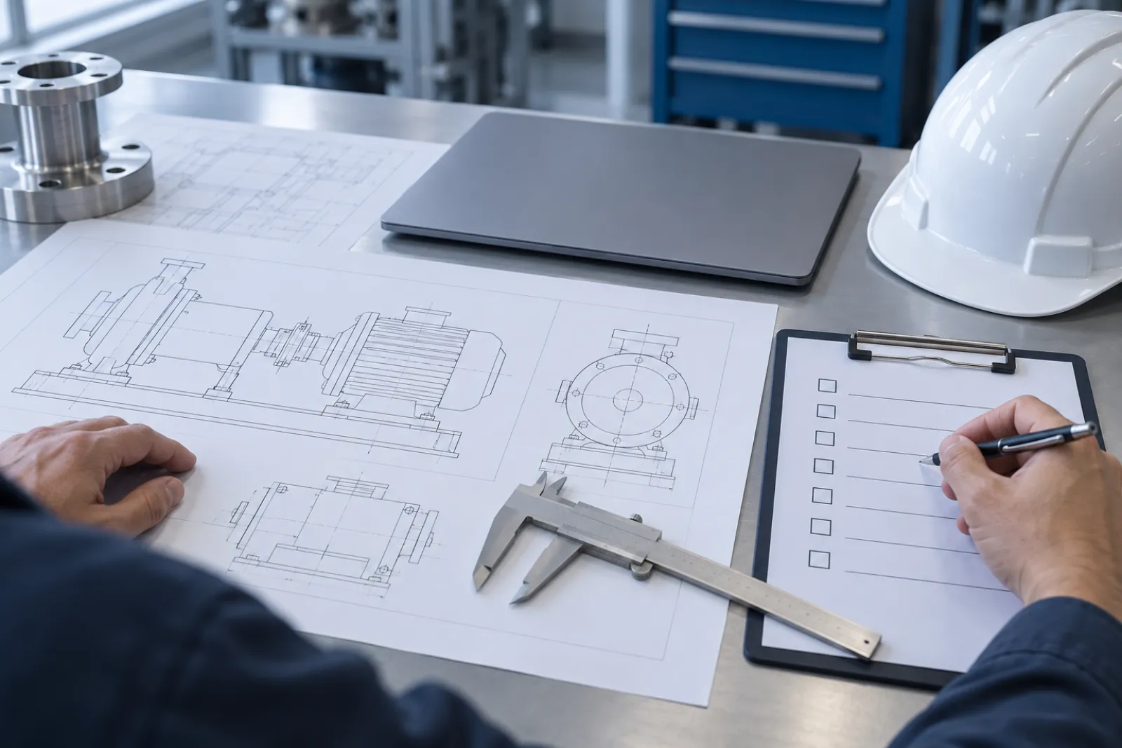 Engineering desk with printed equipment layout drawings, a clipboard checklist with no readable text, a caliper, a hard hat and a closed laptop