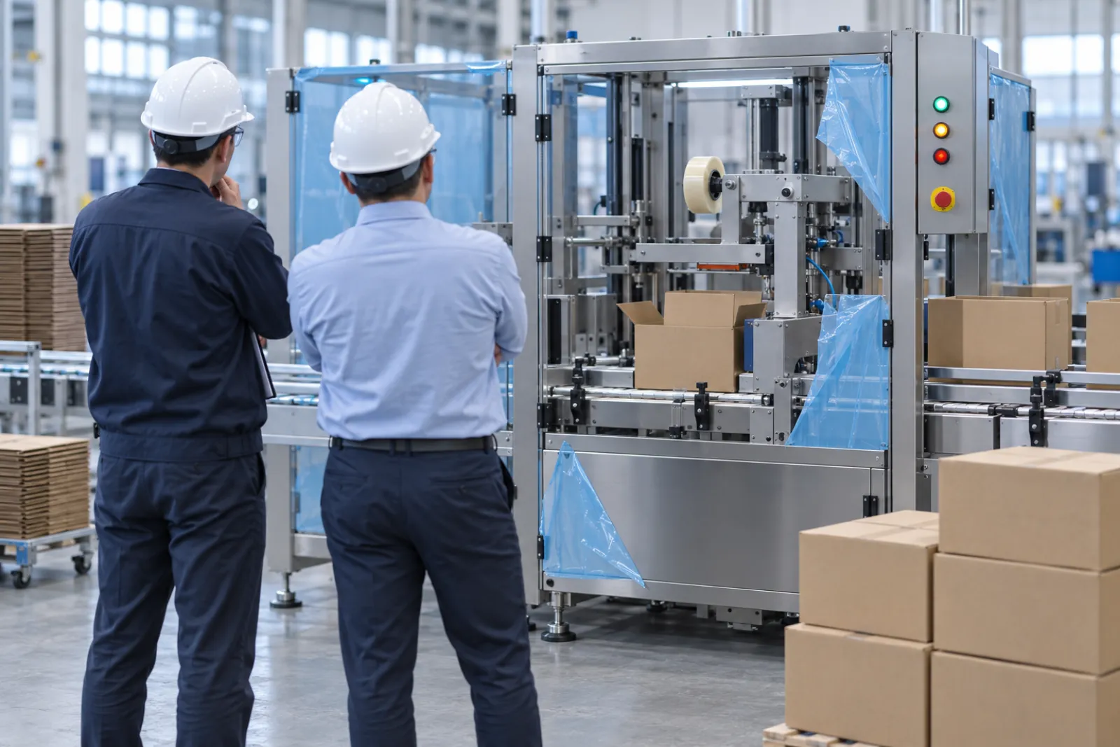 A new case erector and sealer on a factory floor with protective film partly removed, two engineers seen from behind observing, and test cartons stacked nearby