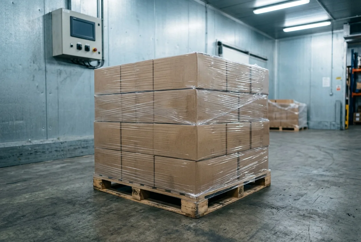 A wrapped pallet of plain cardboard cases beside a cold-store wall and an unlit control box