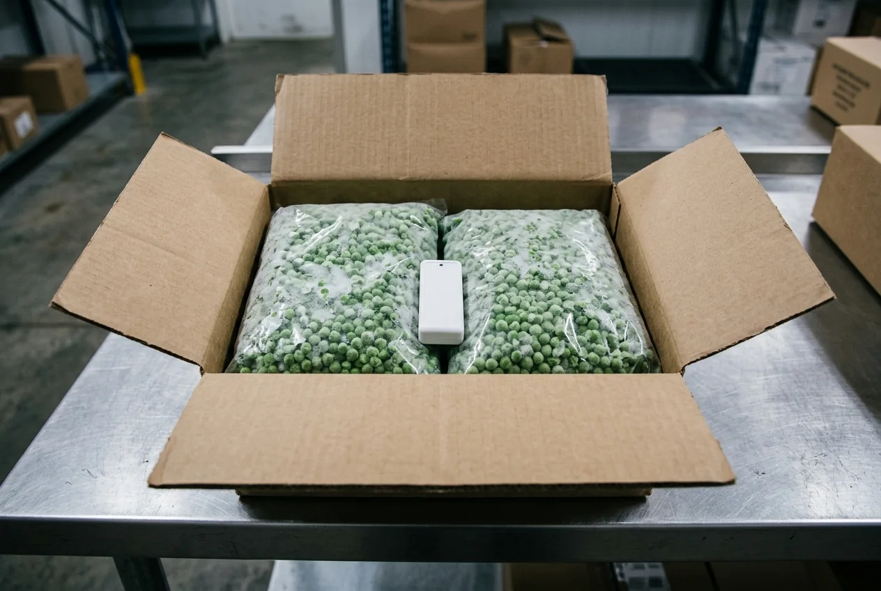 A plain white rectangular logger beside sealed bags of frozen peas inside an open cardboard case