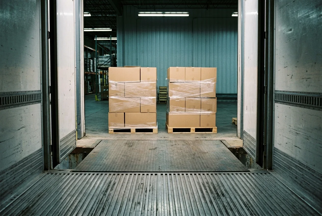 View through a refrigerated trailer doorway toward wrapped pallets on a warehouse dock