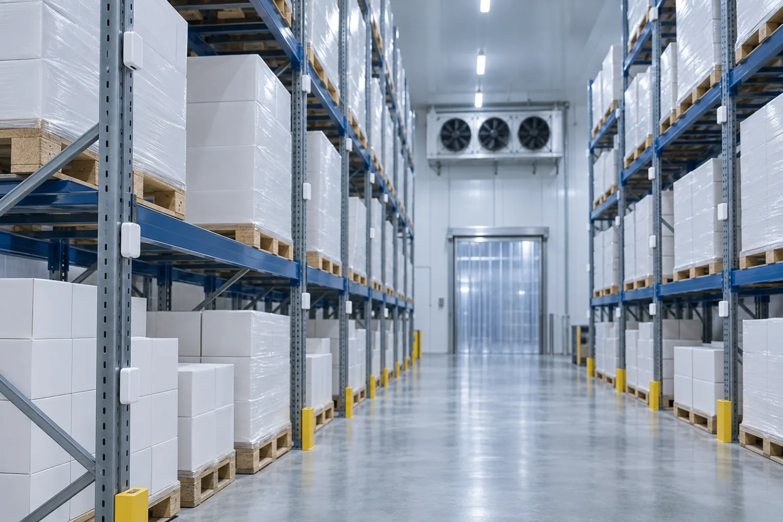 Wide-angle view of a large pharmaceutical cold storage warehouse with high racking and many small sensors clipped to rack uprights at different heights