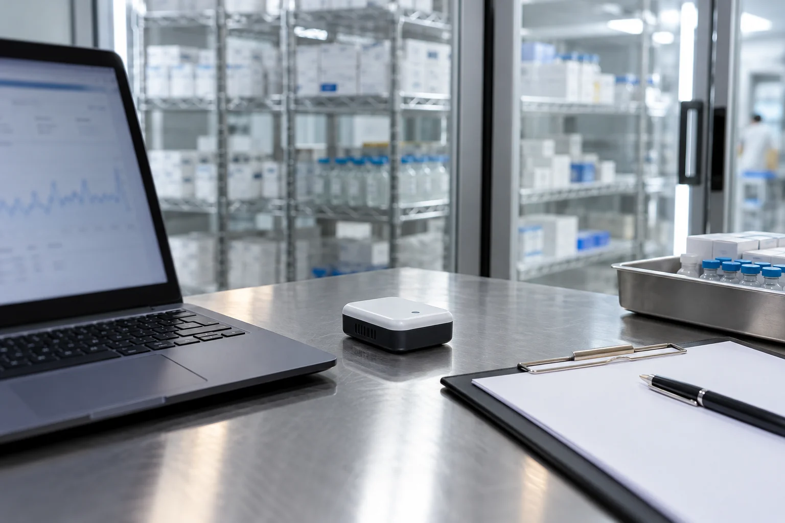 Laptop, logger and clipboard beside refrigerated storage
