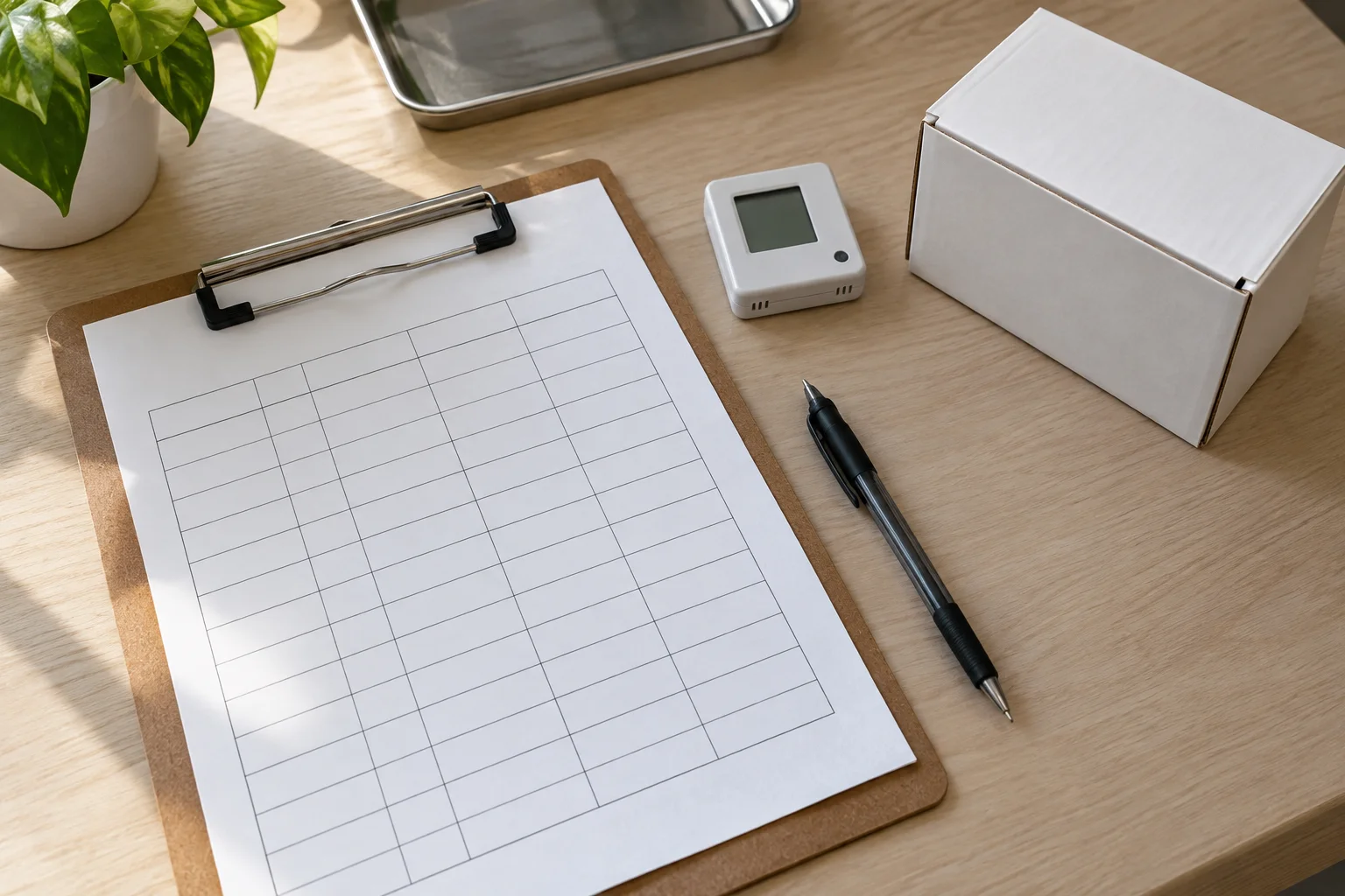 Blank worksheet, pen, logger and closed carton on a desk
