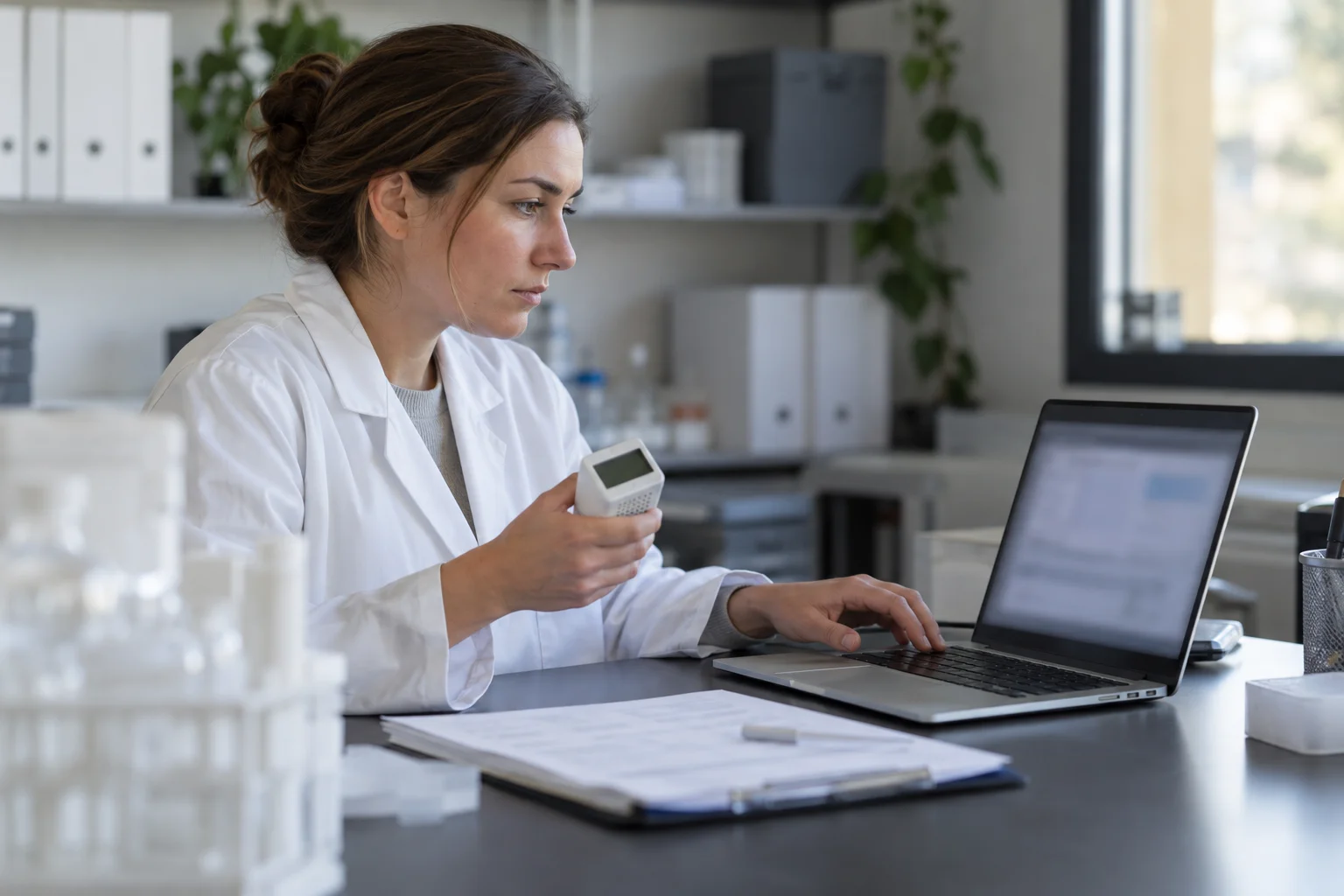Reviewer holding a logger beside a laptop and paper records