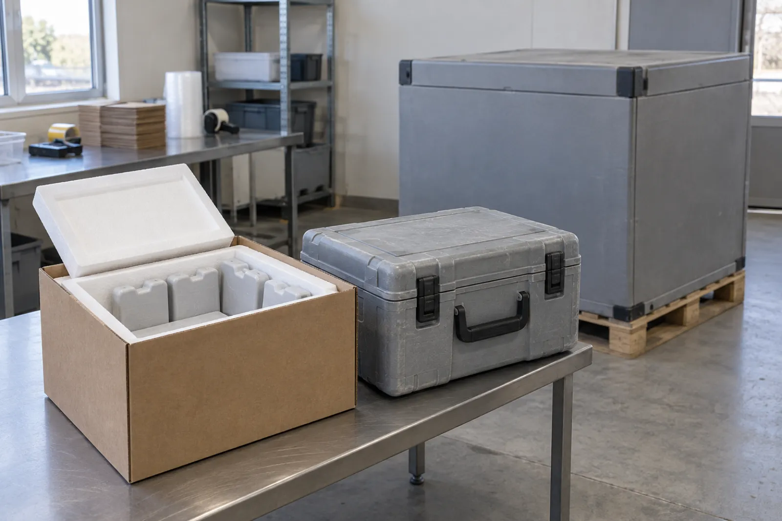 An open corrugated box with a foam liner and refrigerant bricks, a closed hard-sided case with latches on a steel bench, and a pallet-sized insulated container on a wooden pallet behind them