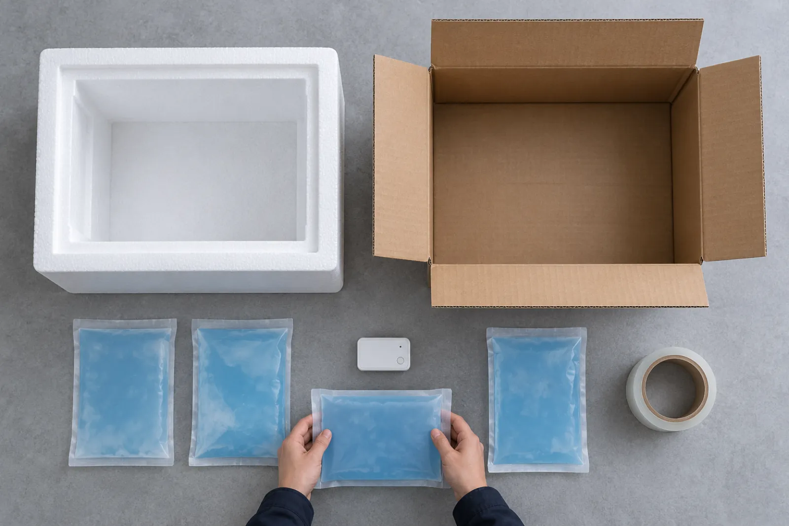 Top-down flat lay on a light grey surface of insulated box components arranged like an exploded view: EPS liner, carton, gel packs, data logger and a roll of tape