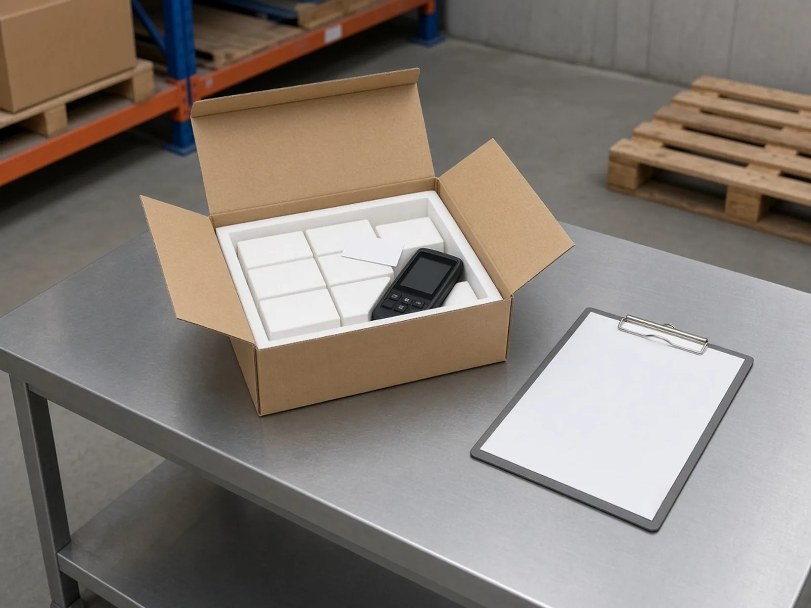 An open corrugated box with a foam liner and white refrigerant bricks on a steel receiving bench, a blank card and a data logger inside the box, and a blank clipboard beside it