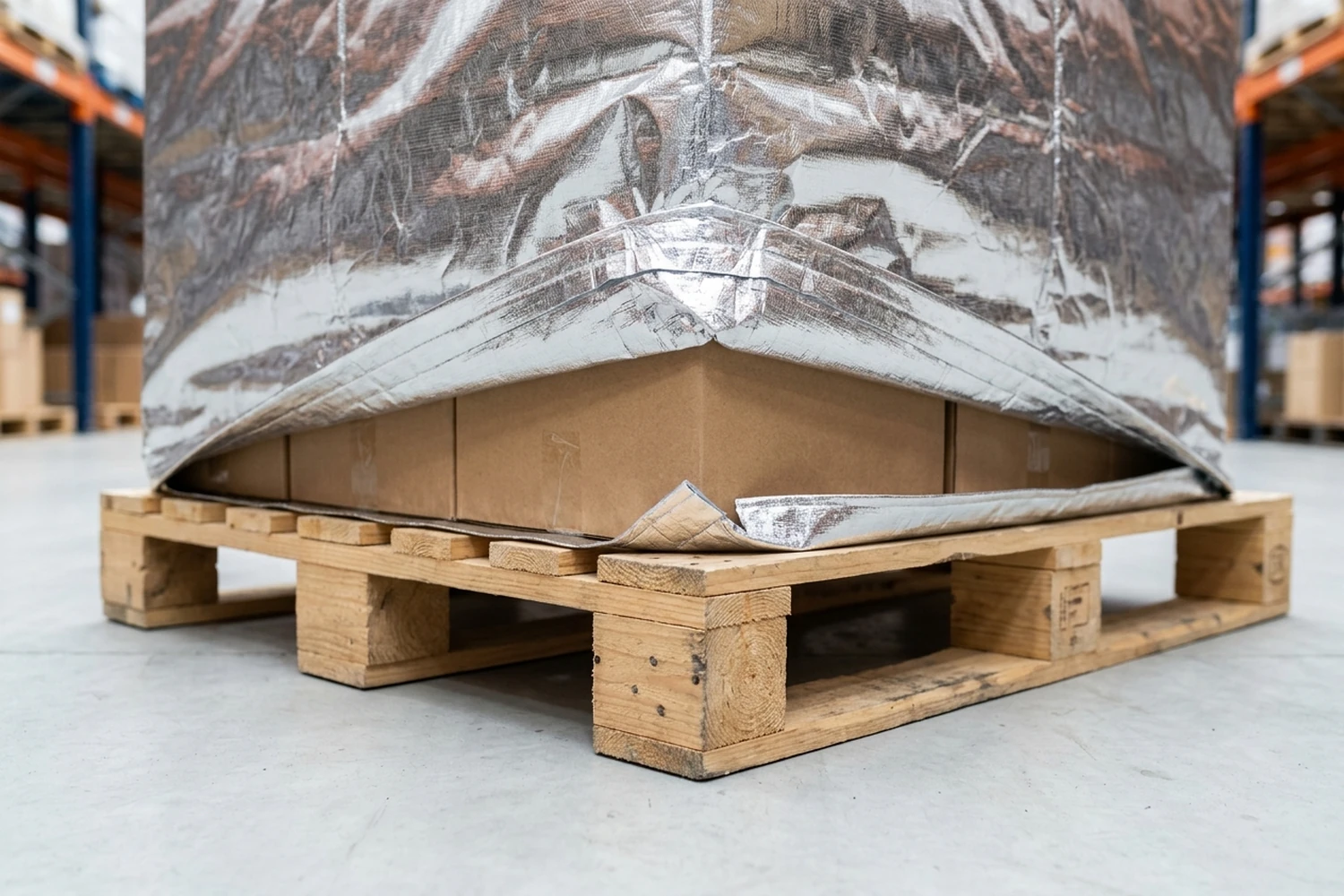 Lifted silver cover edge above plain cartons, a separate silver base layer and the open fork entries of a wooden pallet