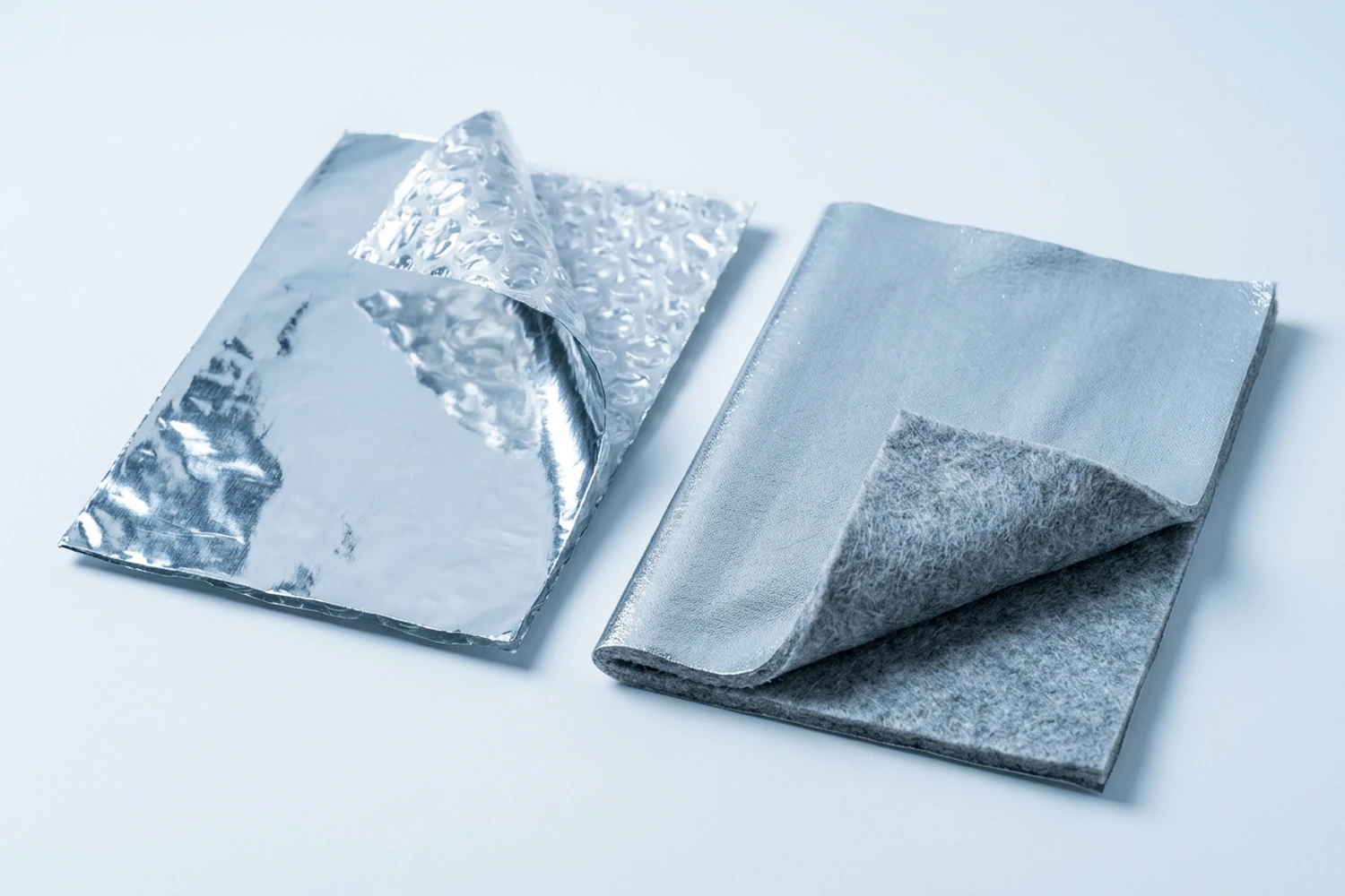 Two separate silver-faced flexible samples, one showing a bubble layer and the other a grey fibrous core at a folded edge