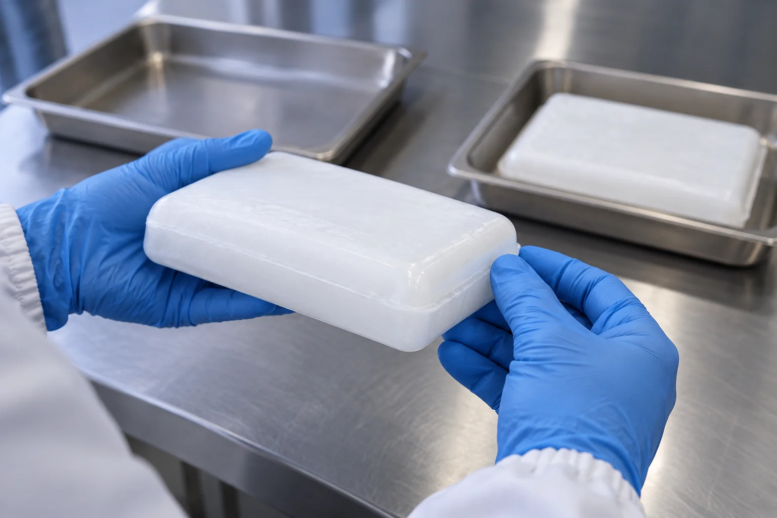 Gloved hands examining the sealed edge and corner of a rigid refrigerant brick