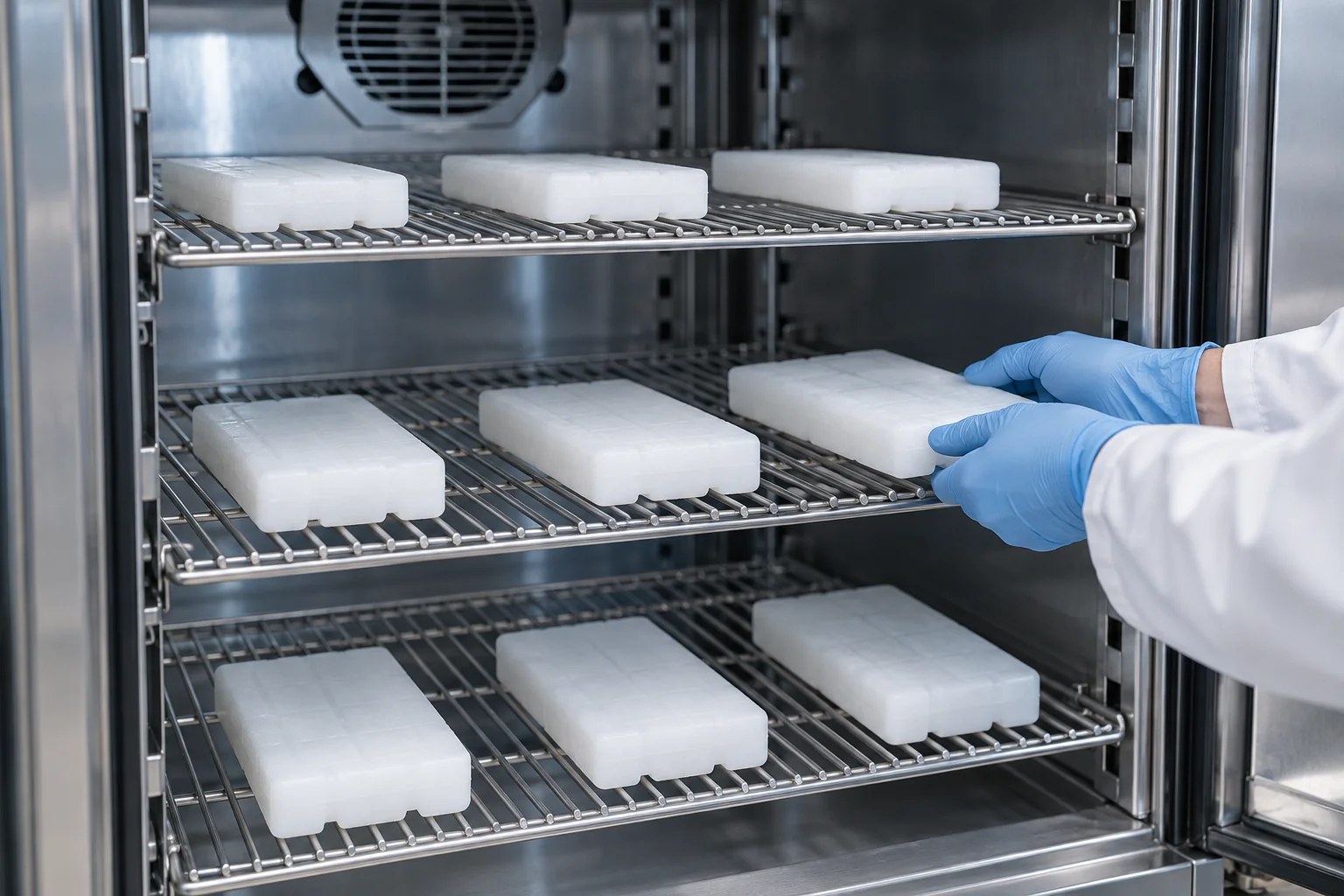 White refrigerant bricks laid flat with visible gaps on wire cabinet shelves