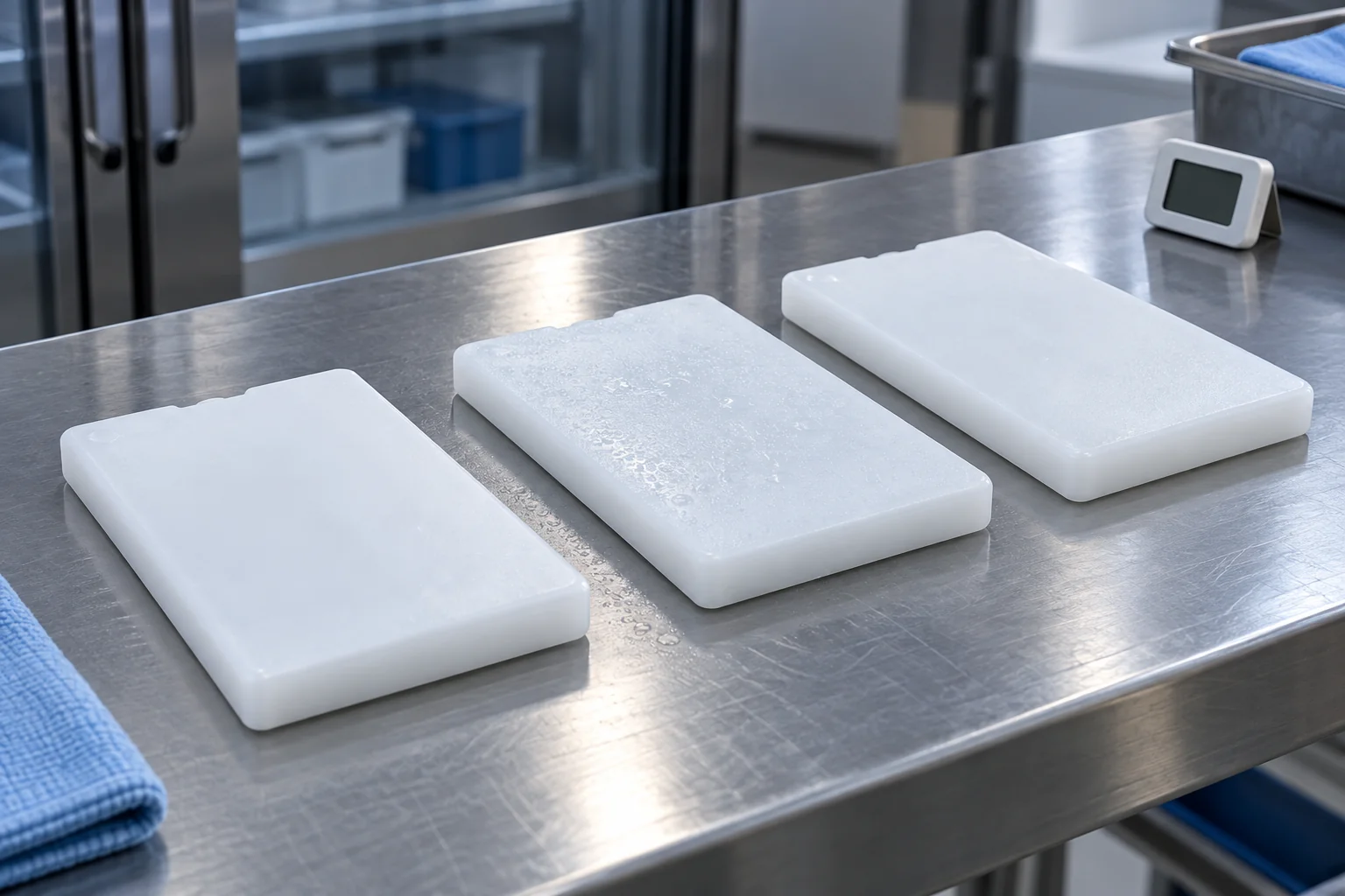Three separate refrigerant panels lying flat on a steel staging bench