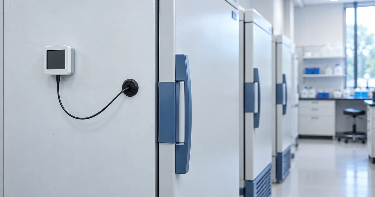 Laboratory freezer cabinets with an external blank-screen temperature logger and probe cable