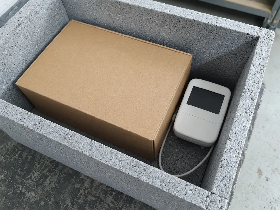 A white logger with a dark screen and a loose cable beside a plain carton inside an open foam shipper