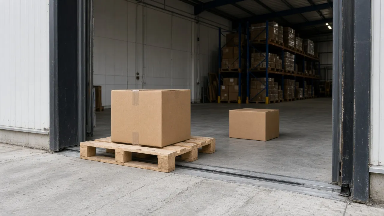A plain box on a pallet in a warehouse dock doorway, with a second plain box on the floor inside