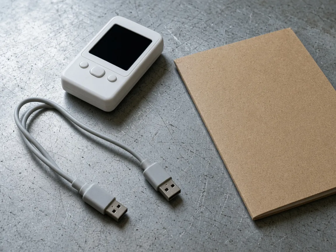 A white logger with a dark screen, an unplugged grey cable, and a closed plain folder on a steel table