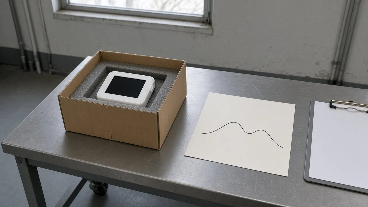 A white logger with a dark screen in an open box on a steel bench, beside a paper sheet with one unmarked curve and a blank clipboard