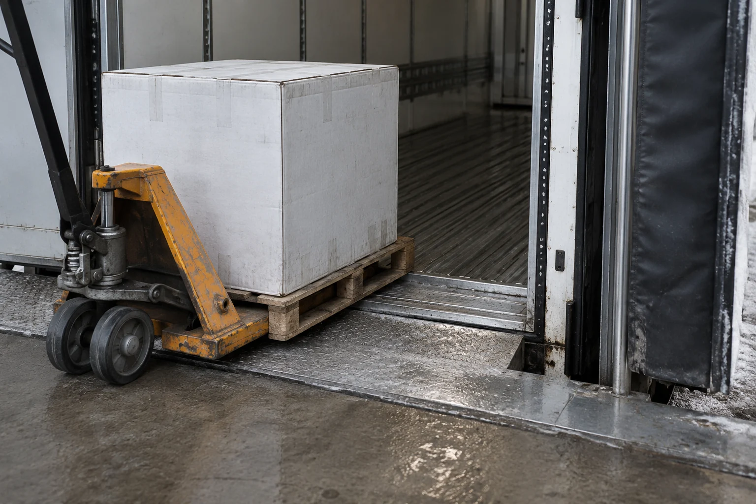 A carton on a pallet jack at a refrigerated trailer threshold