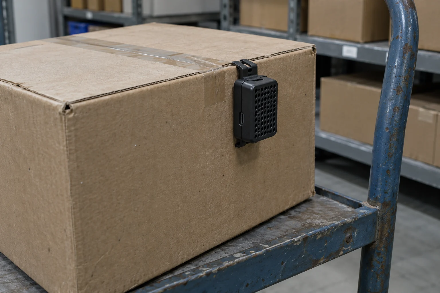 A black logger in a perforated enclosure clipped to the outside of a corrugated carton on a metal trolley