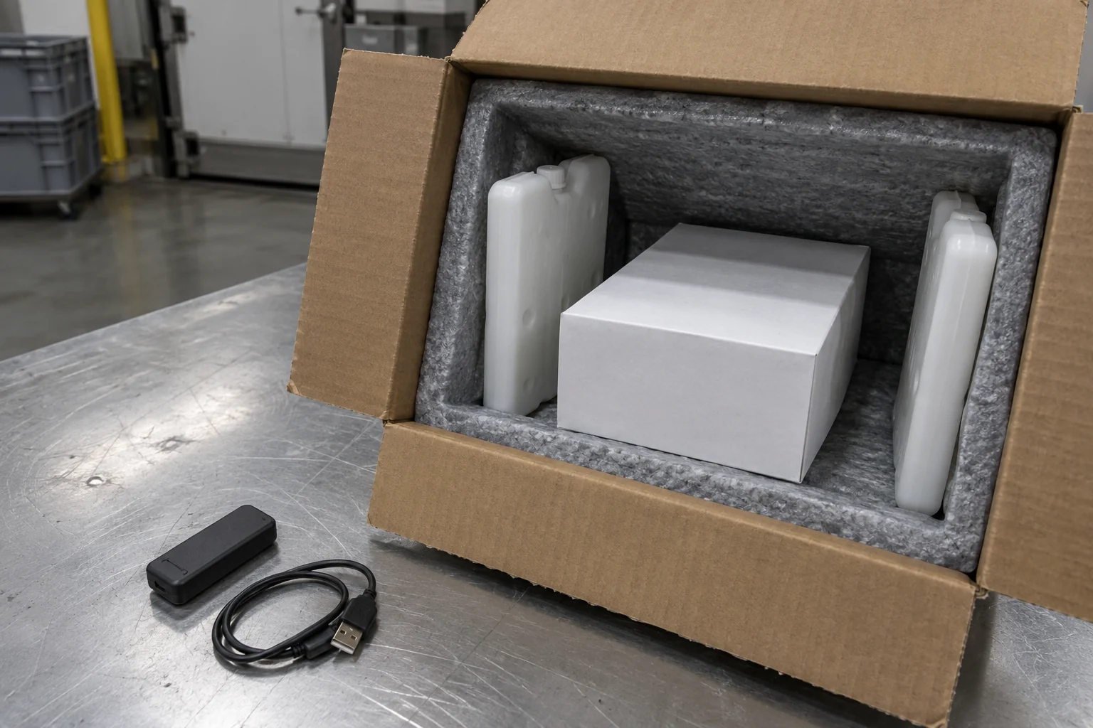 An open insulated carton with refrigerant panels and an unmarked payload box beside a black logger and USB cable on a steel bench