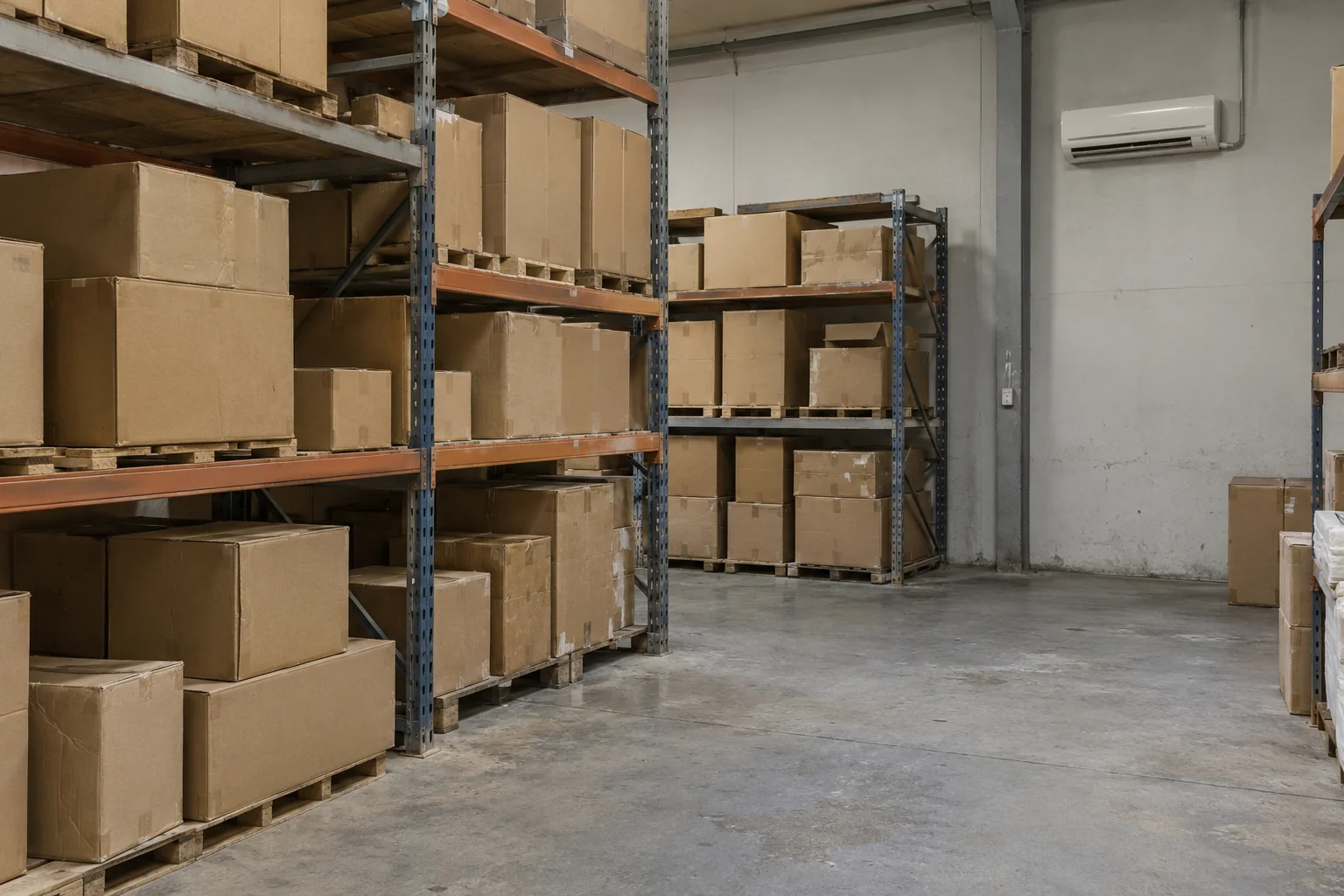 Plain cartons on warehouse racks with an indoor air-conditioning unit in the background