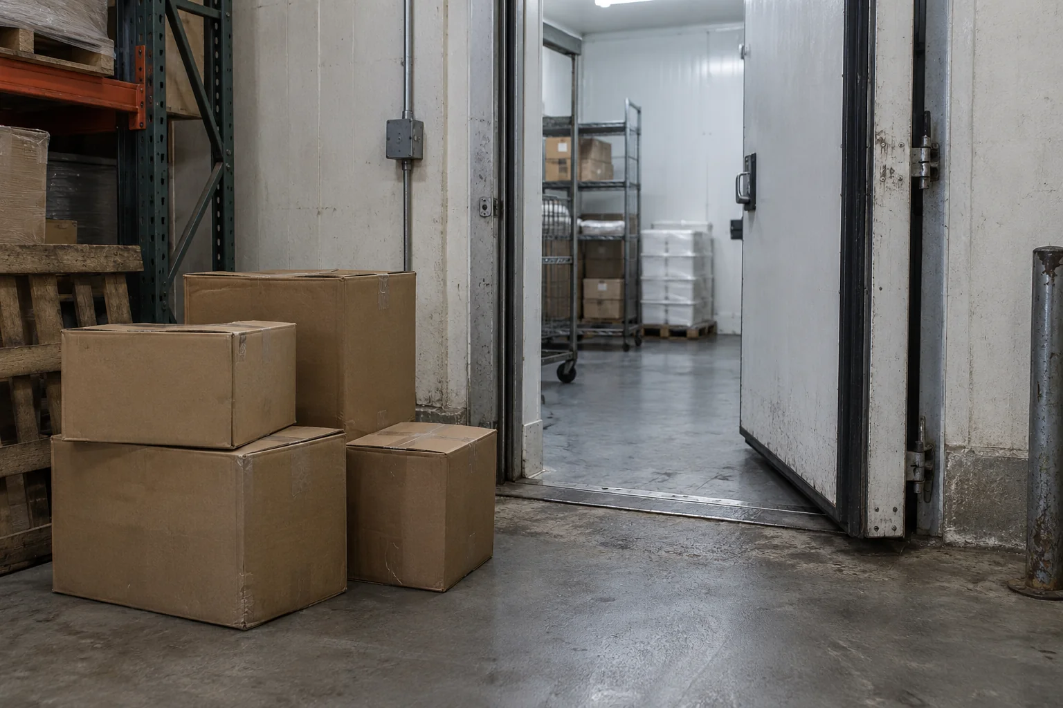 Plain shipping cartons beside a warehouse doorway leading to refrigerated storage