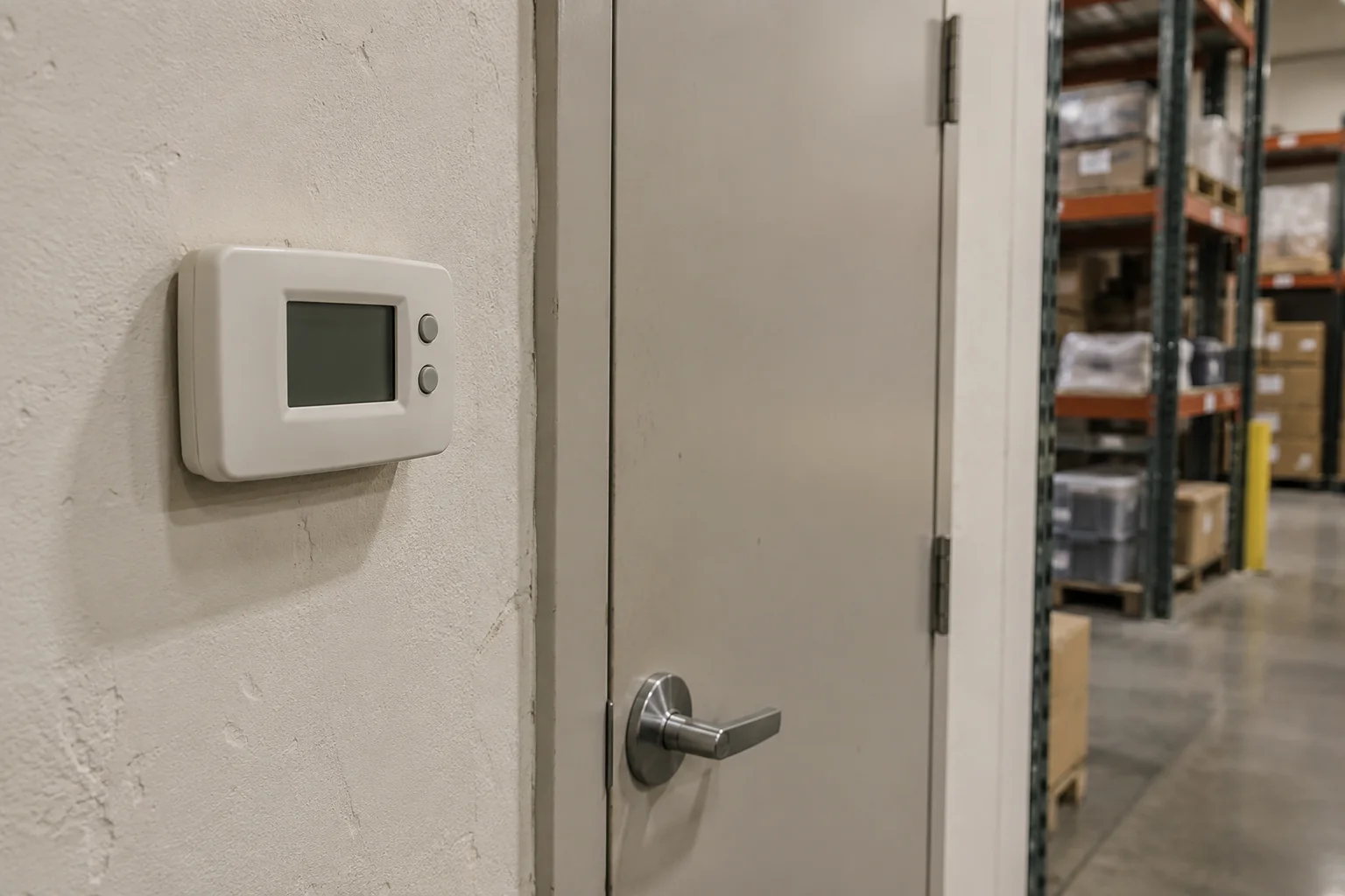 A generic blank-display thermostat beside a closed indoor storage door