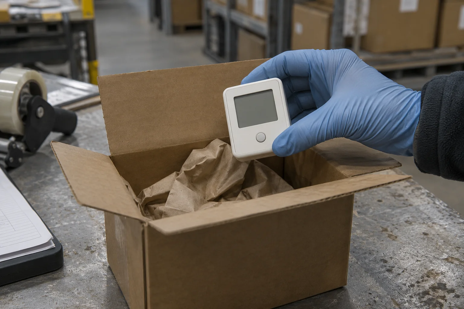 A gloved hand retrieving a blank-display temperature logger from a carton at a receiving bench