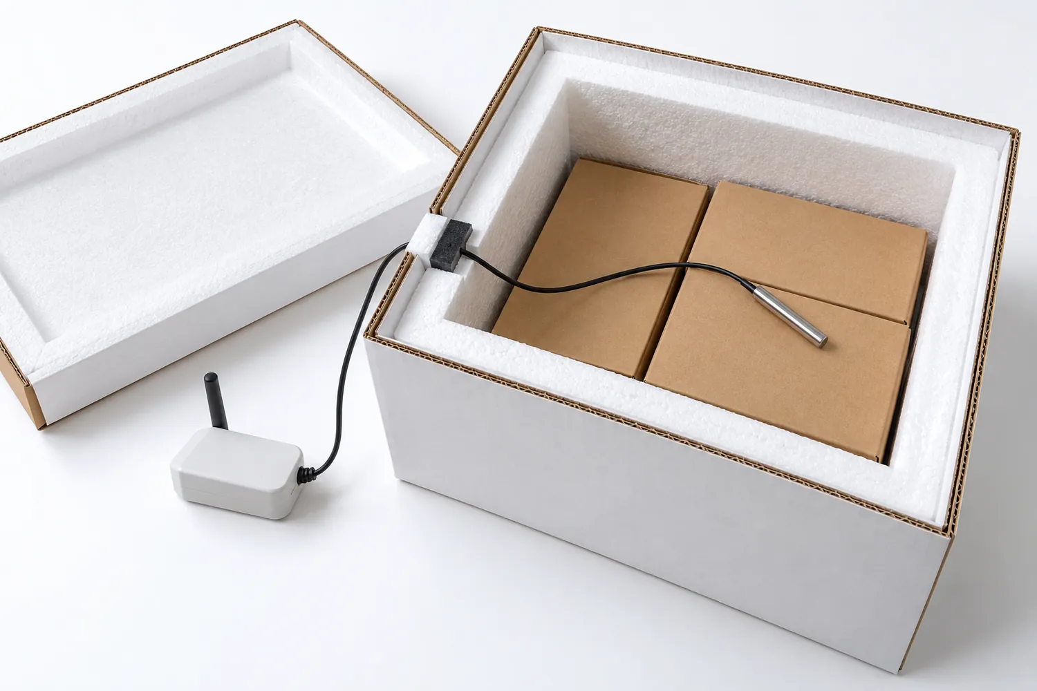 Cellular logger body outside an open insulated shipper, with one cable crossing the rim to a single metal probe beside cartons