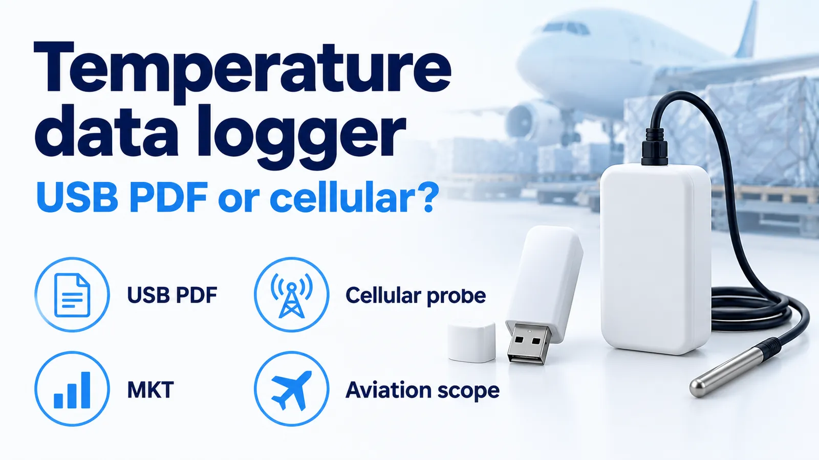 Unbranded USB logger beside a cellular logger with one external probe, labeled USB PDF, Cellular probe, MKT and Aviation scope