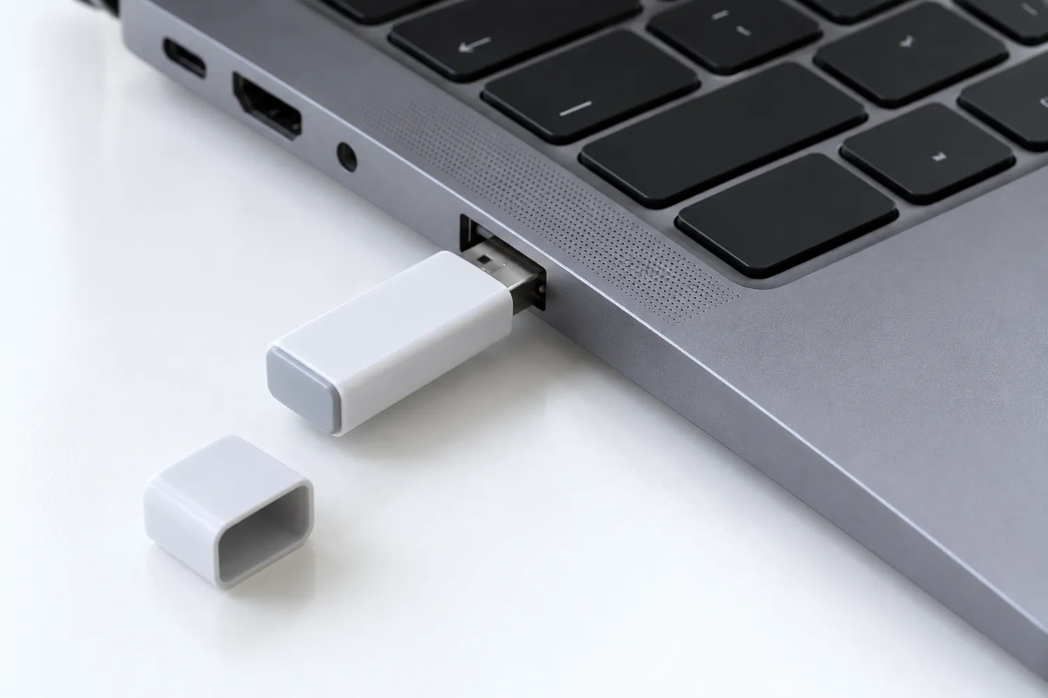 Unmarked single-use USB logger plugged into a laptop USB-A port, with its protective cap on the desk