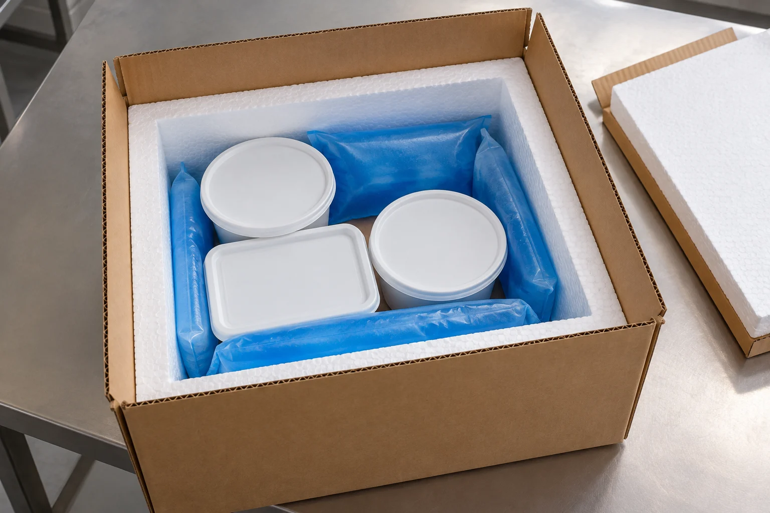Open insulated parcel with gel packs around sealed food tubs