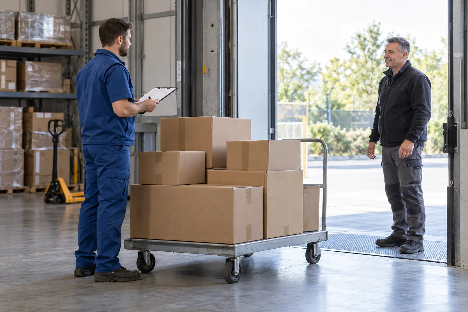 Parcel cart and handover paperwork beside a loading doorway